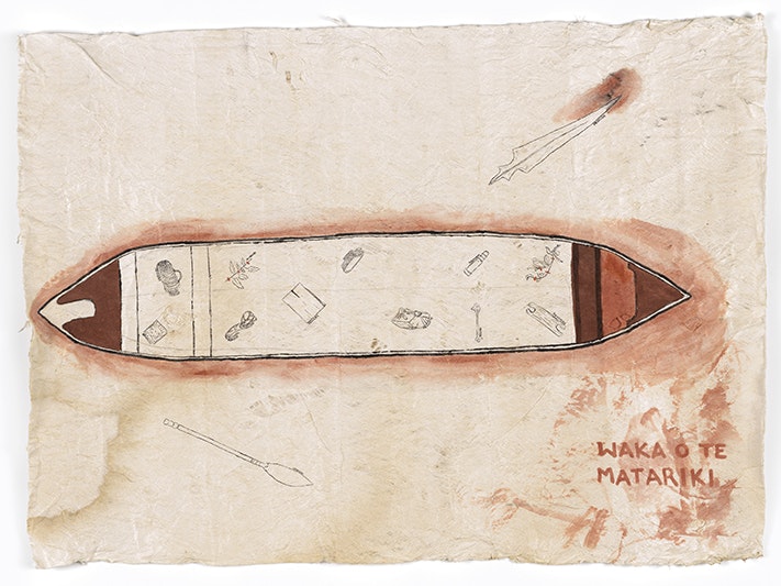 Ms Cora-Allan Lafaiki Twiss, Waka o te Matariki, 2022. Purchased 2022. Te Papa (FE013678/2) A barkcloth with a top-down view of a waka or canoe in the middle of it.