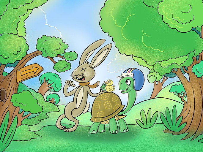 Illustration by Stephen Templer for the New Zealand Symphony Orchestra Illustration shows a smiling hare boasting beside a steady tortoise wearing a helmet while forest animals smile nearby.