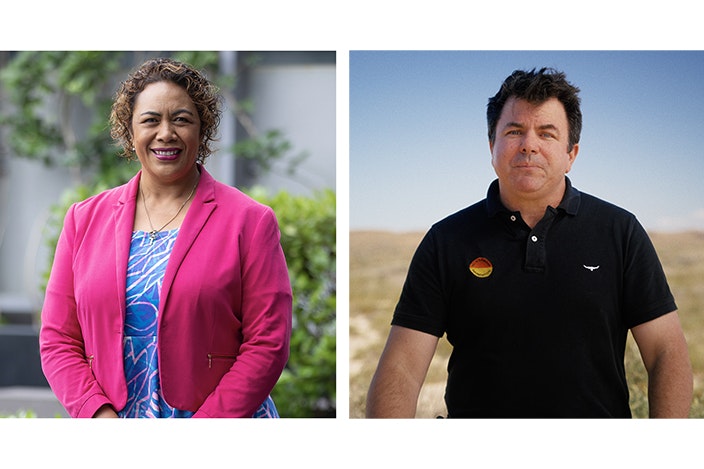 Split image of two head and shoulder photos of a woman in a bright pink jacket and a man in a black tshirt