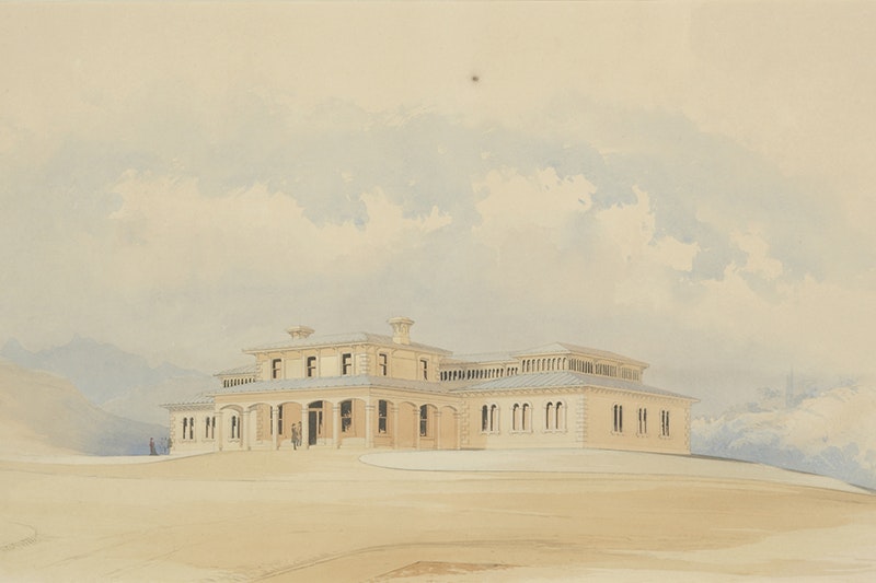 A watercolour painting of a large building on a hill.