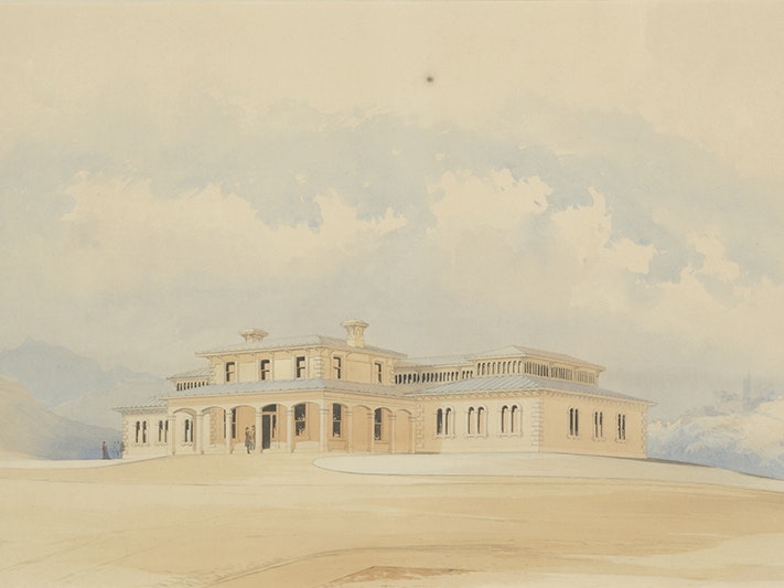 Colonial Museum, Wellington, 1865, New Zealand, by George O'Brien. Acquisition history unknown. Te Papa (1992-0035-2275) A watercolour painting of a large building on a hill.