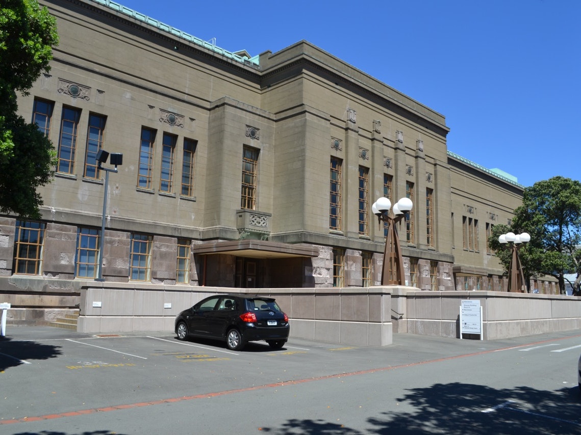 Photo by Charles Collins, 2013. WCC A colour photo of the front of the old Dominion Museum building in Buckle Street.