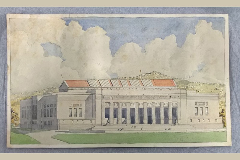A watercolour painting of a large building.