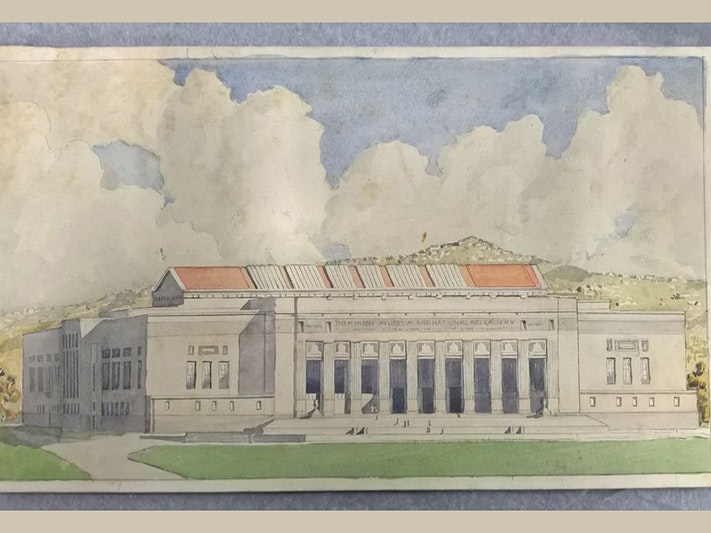 Dominion Museum, Wellington, Gummer & Ford; architect; circa 1934; New Zealand. Bequest of Horace Fildes, 1937. Te Papa (1992-0035-1600) A watercolour painting of a large building.
